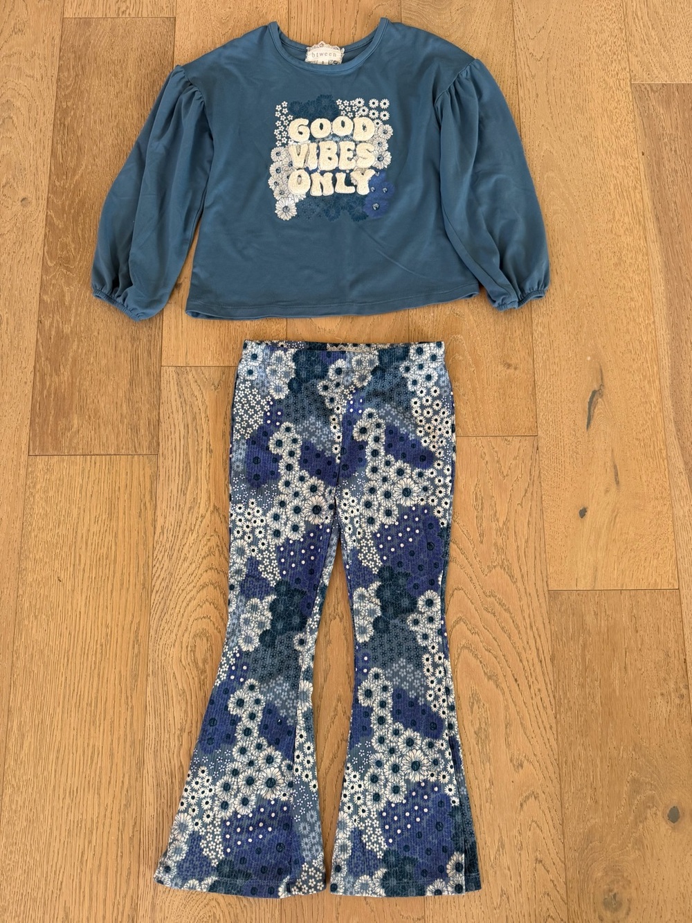 Btween Blue Floral Corduroy Flare Pants & Top Set Good Vibes Only Size 5